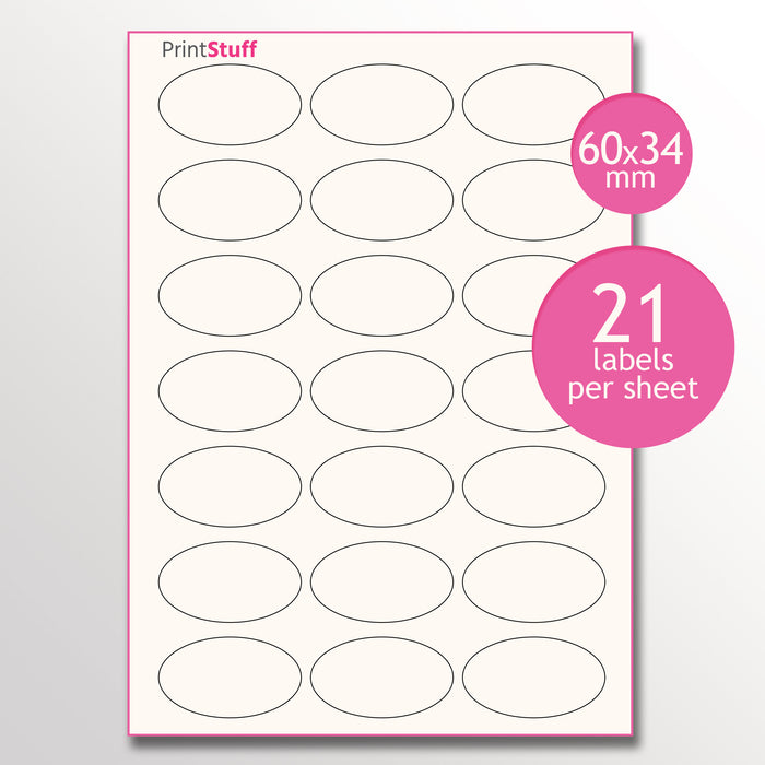 60 x 34mm Oval Labels and Stickers on A4 Sheet